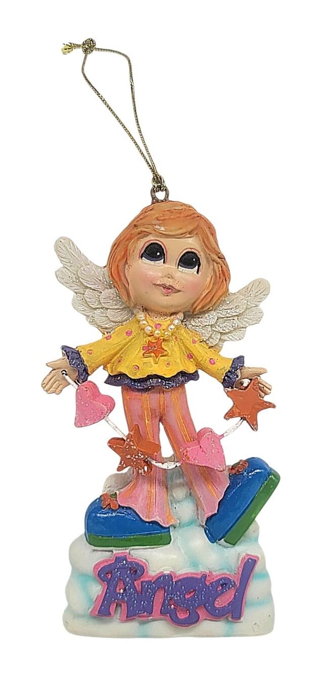 Vtg CG Ceramic Angel Ornament Mod Retro Bright Colors Hearts Stars Clouds 5"